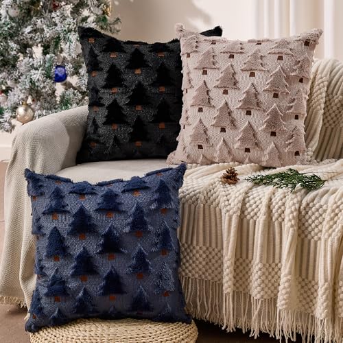 Image of Allorry Christmas Pillow Covers 18x18 inch Set of 2 Navy Blue Christmas Decorations Soft Plush Faux Fur Wool Christmas Tree Throw Pillow Cases Winter Holiday Decor for Sofa Living Room PT002H18