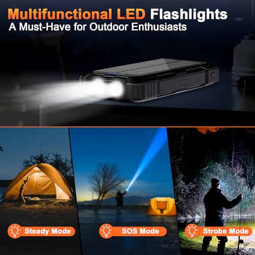 Image of WONGKUO Solar Charger Power Bank - 49800mAh Solar Phone Charger with USB-C in /Output, QC 3.0 Fast Charging with LED Flashlight, Built-in 4 Cables, IP65 Waterproof Fits for Outdoor (Black)