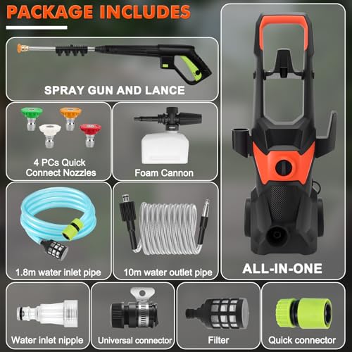 KAOLALI Hidrolimpiadora de Alta Presion, 3000W Presión de Trabajo, Caudal 336L/H, con Pistola Pulverizadora, Manguera De 10 m, 4 Boquilla, para Coches, Vallas, Patios - imagen 10