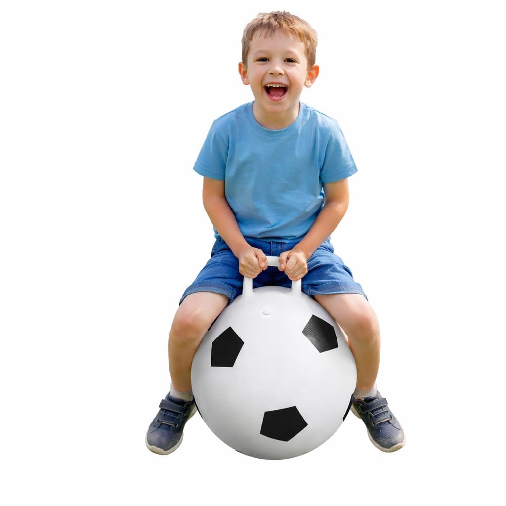 Quickdraw Supplies Kids Football Space Hopper 40-42cm Bouncy Ball with Handle Outdoor Garden Toy Durable PVC Jumping Hopper for Children Boys Girls Active Play Balance Exercise Toy Age 3+