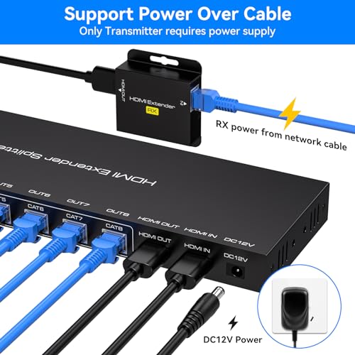 Image of VPFET HDMI Extender Splitter Over Ethernet 1 in 8 Out Cat5e or 6 Up to 165FT 50m HD1080P 60Hz 3D with Port Loop Out Support EDID POC Suitable for Projection Exhibition Presentations