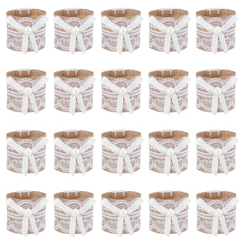SUPERFINDINGS 20 Rond de Serviette en Dentelle Porte Serviette en Toile de Jute Accessoires de Table de Salle à Manger Porte Serviette Rustique en Toile de Jute Décoration de Table de Mariage de Noël