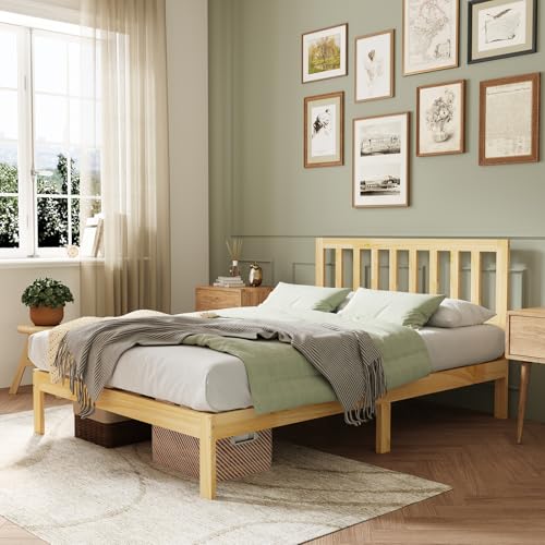 Novilla 12 Inch Queen Bed Frame with Headboard, Queen BedFrame with Classic Headboard Solid Wooden Bed Frame Queen Size with Wood Slat Support, No Box Spring Needed, Easy Assembly, Pine