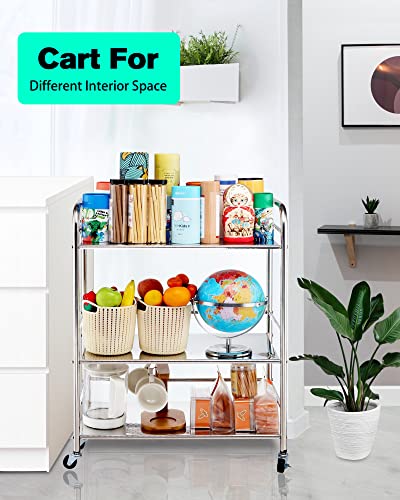 Stainless Steel Cart With Wheels 3 Tier Kitchen Cart With Storage Metal Rolling Cart Bathroom Storage Cart Bathroom Cart Organizer With Brake Wheel #TOP1