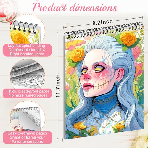 Image of 3Pcs Coloring Book for Women Relaxation, 72 Patterns Spiral Bound Mindfulness Coloring Books for Adult with 36 Dual-tip Markers, Dual Markers Brush Pens Stocking Stuffers Anxiety Relief Gifts-Portrait