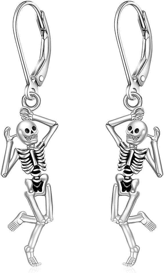 Skeleton Earrings Halloween Earrings for Women Skull Earrings Dangle Sterling Silver Cute Bone Earring Womens Earings Dangling Charms Goth Christmas Gifts