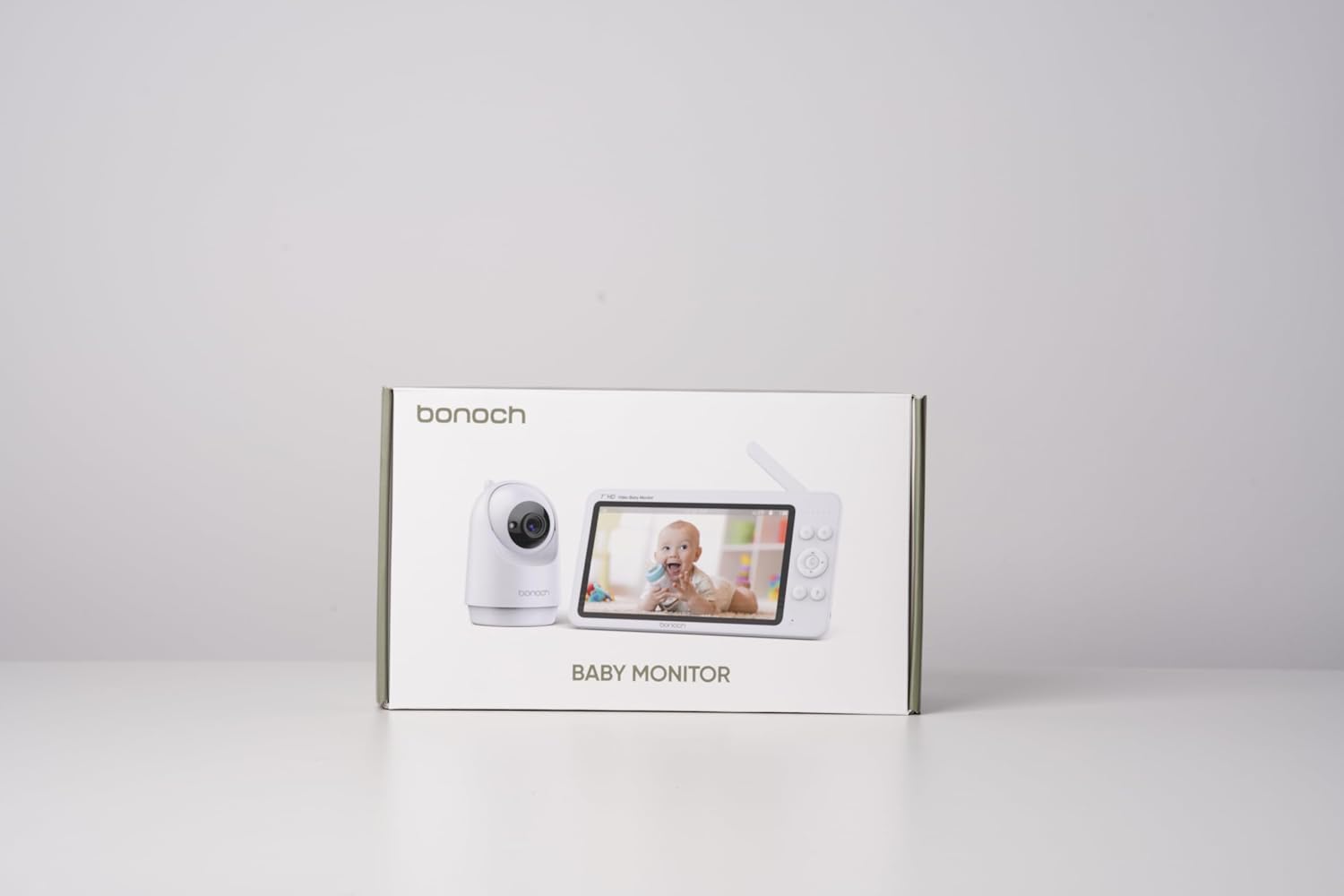 Front view of the bonoch baby monitor product box showing the monitor and one camera