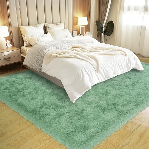KING DARE Area Rugs 4x6 Rug for Bedroom, Fluffy Shaggy Washable 4 x 6 Sage Green Rug for Living Room Dorm, Plush Fuzzy Furry Non-Slip Soft Carpet for Playroom Kids Room Modern Aesthetic Rug