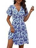 FENSACE Vestido de Verano para Mujer, Floral, Manga Corta, Cruzado, Escote en V, Corte A, Largo Medio, Large