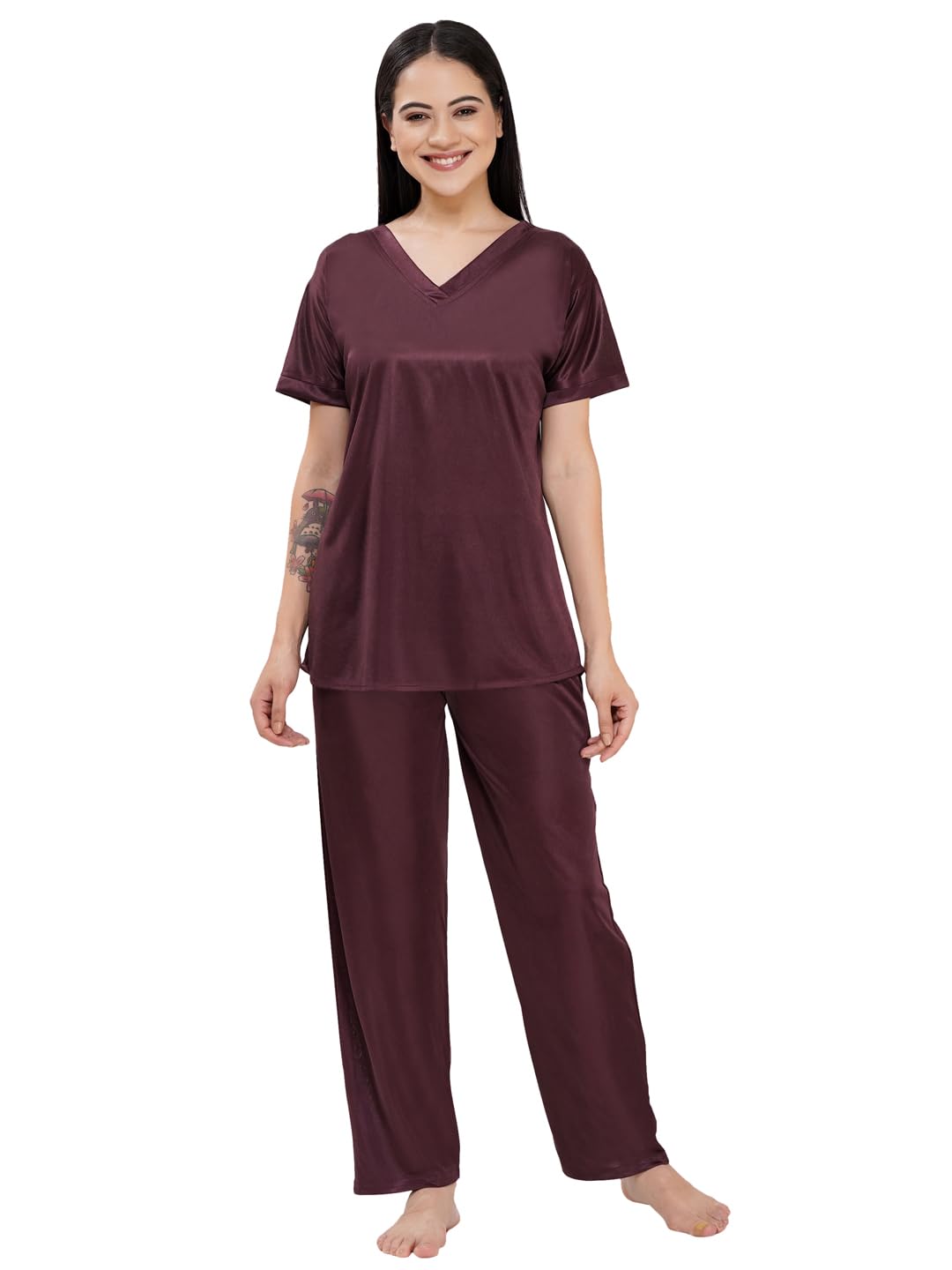 romaisa Women's Satin Solid Nightsuit Regular Length Top with Pyjama (Size - Free Size)-picture-13