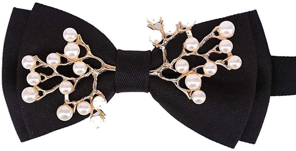JOIZPAPA Men‘s Pre-Tied Bow Ties Metal Pearl Two-Layer Bowtie Adjustable Length Necktie, Black, One size