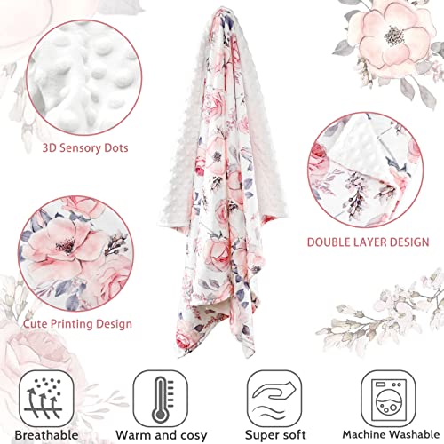 Image of Baby Blanket for Girls, Super Soft Double Layer Mink Blankets with Dotted Backing, Floral Newborn Nursery Bed Blanket, Pink Flower, 30 X 40 Inches