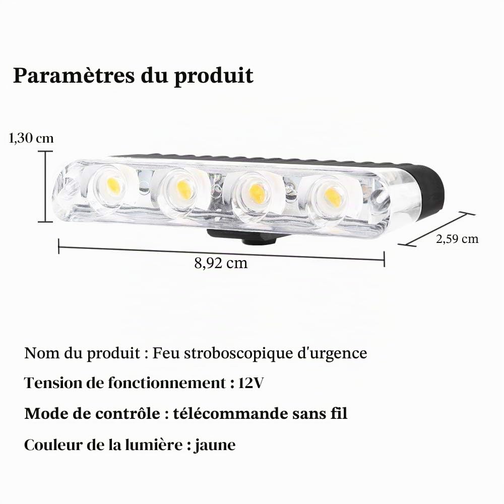 Gyrophare LED 4 en 1 Télécommande Sans Fil DC12V -lumière stroboscopique feux DRL clignotant magnetique d'urgence signalement lumières pour auto véhicule(Ambre)