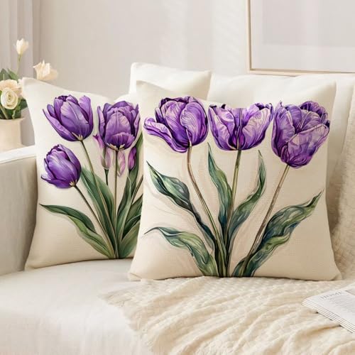 Housse coussin 70x70cm étanche anti-tache en lin violet pour canapé
