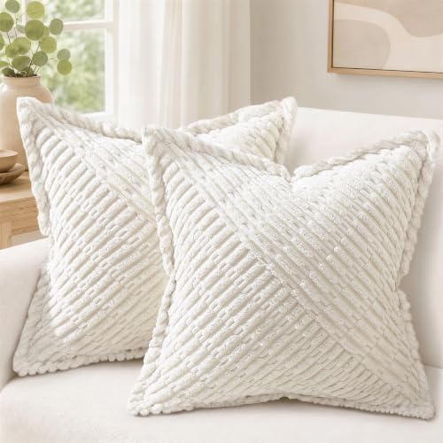 decorUhome Decorative Cream White Throw Pillow Covers 18x18 Set of 2 with Splicing, Boho Soft Corduroy Broadside Twill Spring Pillow Covers for Couch Bed Sofa Living Room by decorUhome - Used condition - US$14.20