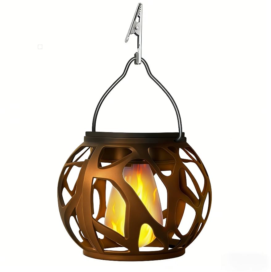 Solar Hanging Lanterns with Flickering Flame, Waterproof Hollow-Out Garden Lights, Outdoor Solar Decorative Lamps for Patio (Black)