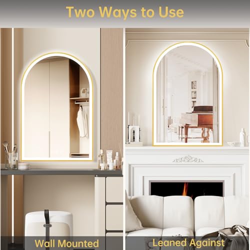 Image of 24 inchx36 inch Arched LED Mirror for Bathroom, Brushed Gold Lighted Bathroom Mirror with Lights, Fogless, Dimmable, Shatterproof, Touch Sensor, 3 Color Changing
