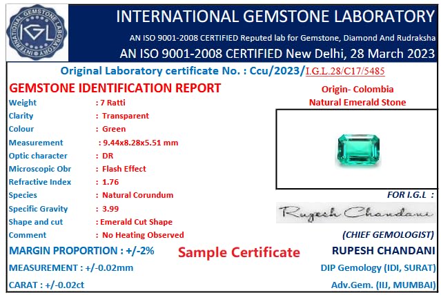 Image of USPTO Collection of Premium Quality Real Emerald Panna Yellow Sapphire Ruby Manik Blue Sapphire Neelam Pukhraj Stone Original Certified IGL Lab Tested Natural Green Hara Blue Yellow Pila Lal Red Nag