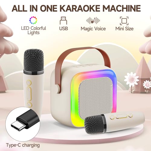 Image of Mini Karaoke Machine for Kids Teen Adults, Kids Karaoke Machine with 2 Wireless Microphones and LED Lights Toys for Christmas Birthday Party, Home, Gifts for 4 5 6 7 8 9 10 11 12+ Years Girls Boys