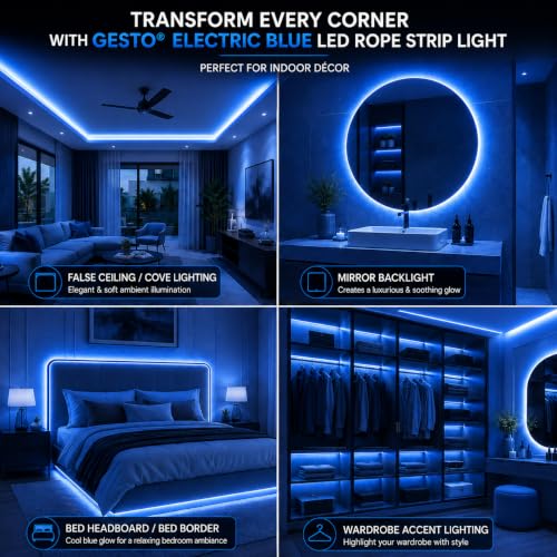 Image of Gesto 10 Meter Blue LED Rope Strip Light | 120 LEDs /Mtr IP65 Waterproof Indoor & Outdoor Lights for Balcony, Home Decor & Cove Light for False Ceiling | Cuttable Every 1M for Diwali Decoration