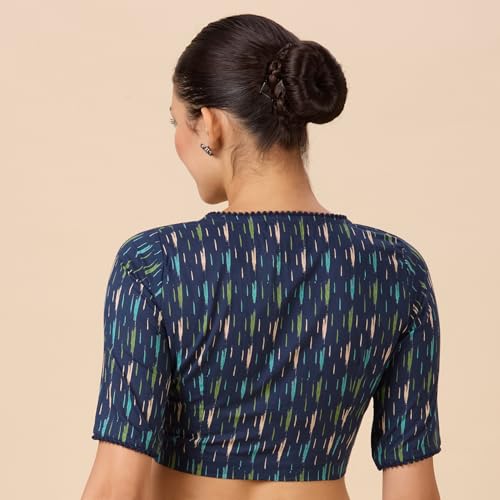 Image of Studio Shringaar Women's Cotton Ikat Printed Elbow Length Sleeves Saree Blouse