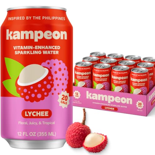 Image of Kampeon Lychee Filipino-inspired sparkling water - 12oz Cans | Filipino Tropical Soda Alternative with Lychee Juice, Vitamin C, Magnesium & B6 B12 | Lightly Sweet, No Artificial Sweeteners, Caffeine-Free (Pack of 12)