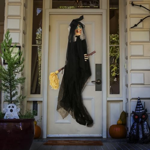 Haunted Hill Farm Witch on Broom Animatronic, Halloween Prop with 4 Voice Greetings, Animated Head, Flashing Red Eyes, Touch Activated and Battery Operated Decoration