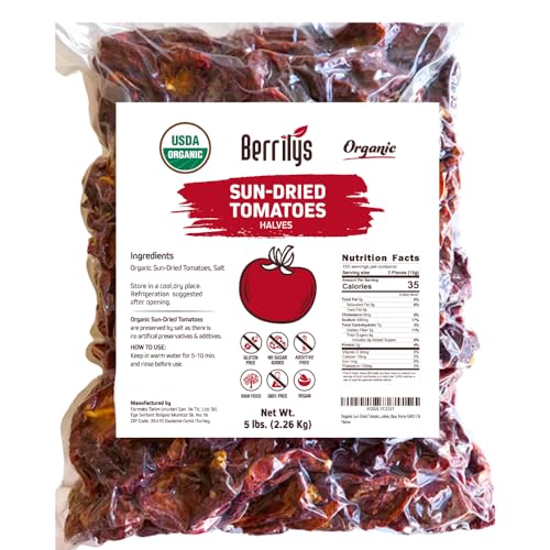 Image of Berrilys Organic Sun-Dried Tomatoes, Salted, No Sulfur, No Preservatives, Kosher, Raw, Non-GMO, Great Ingredient for Baking and Cooking, Requires Pre-treatment or Cooking Before Consumption, 5 LB