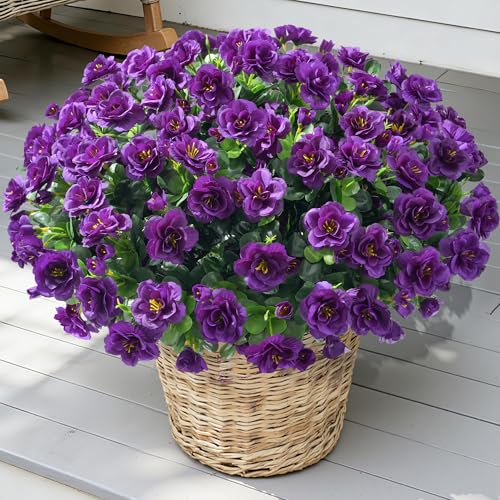Artificial Fake Outdoor Flowers Plants, Faux Silk Purple Camellia Bundles