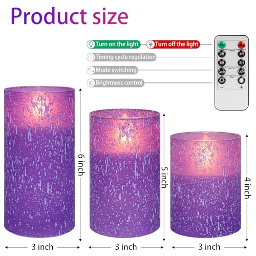 Image of Purple Flameless Candles With Remote LED Battery Operated Candles Set of 3 | Real Wax Raindrop Glass Design Timer & Brightness Settings Safe LED Candles for Halloween Christmas Bedroom & Fall Decor