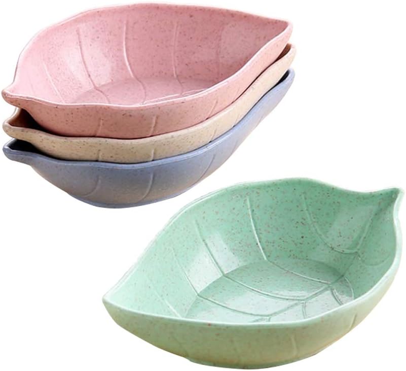 Wheat Straw Condiment Dish Creative Snack Plate Vinegar Dipping Dish Soy Sauce Dishes,Pack of 4 (Leaf Shape)