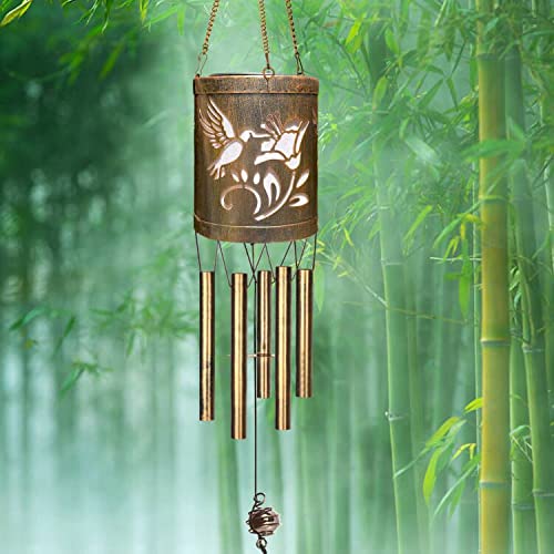 moleath Solar Wind Chimes for Outside, Color Changing Solar Metal Hummingbird Lantern, Hanging Bronze Wind Chime Lights, Unique Memorial Gift for Wife Mom Grandma Neighbors Outdoor Garden Decor 32”