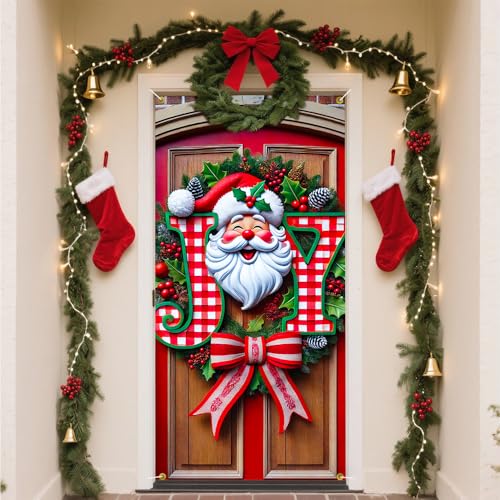Image of JOY Sign Santa Face Red Gingham Christmas Door Cover 35x71in