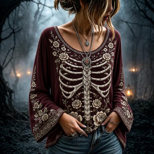 Halloween Shirts for Women Vintage Skeleton Bell Sleeve Crew Neck Top - image 2
