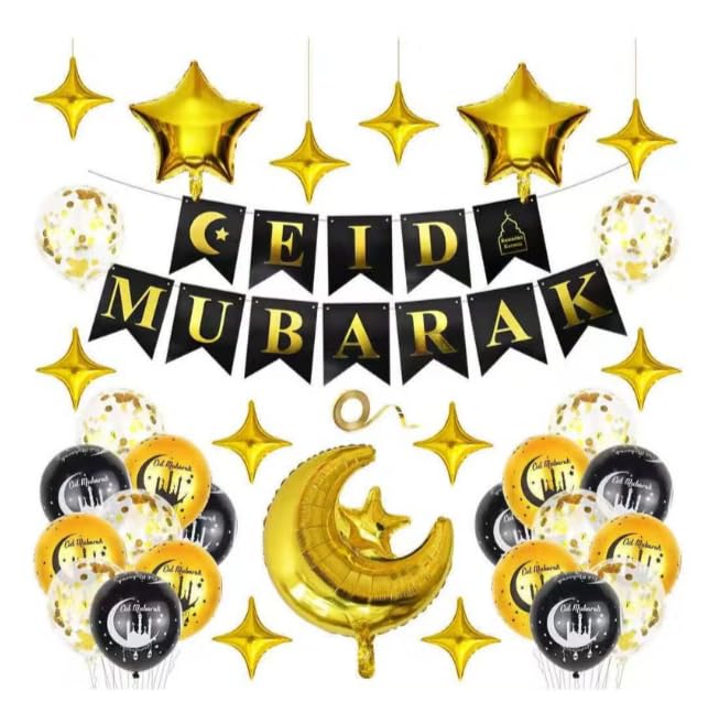 34 Pieces Eid Mubarak Balloon Decoration Set Gold and Black Theme with Confetti Balloons Star and Crescent Moon Foil Balloons (Black and Gold 1)