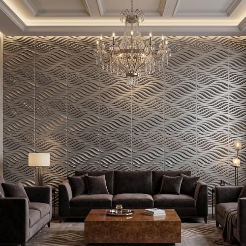 Image of Kayra Decor 3D Wall Panels Wave Design - Wood Gray Color | 19.7 inch x 19.7 inch (Pack of 12) - Covers 32.28 Sq. Ft | Premium Home & Office Wall Decoration