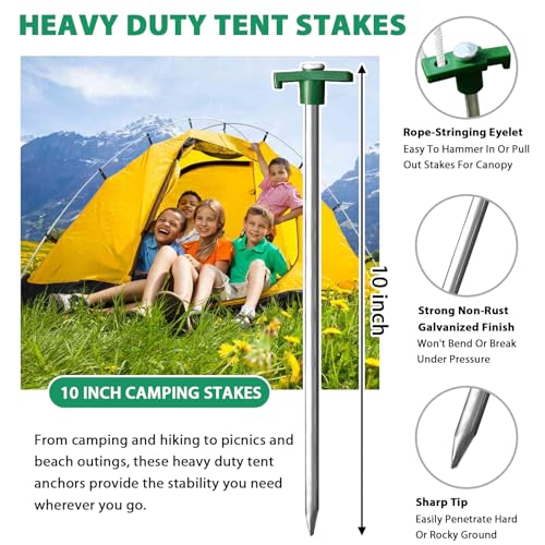 Image of Eurmax USA 20-Pack Secure Protection Galvanized Tent Stakes,Rust-Proof Steel Canopy Anchors for High Winds,Heavy Duty Commercial Ground Pegs for Camping,Pop Up Tents&Gazebos - Includes 4x10ft Ropes