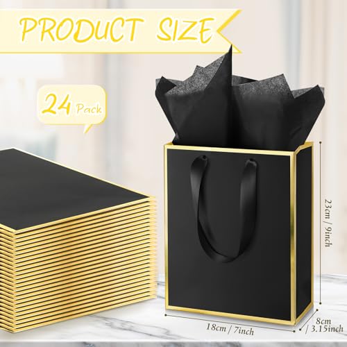 Image of Yeaqee 24 Pack Metallic Paper Gift Bag with Tissue, Black and Gold | with Satin Ribbon Handle and Tissue, 9x7x3.1 Inch, Suit Business, Birthday, Christmas, Thank You Return Gifts Bags