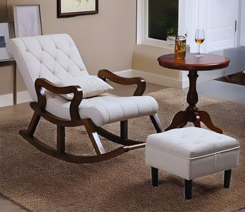 Image of Solid Sheesham Wood Rocking Chair for Living Room with Footrest and Pillow | Ergonomic Resting Chair with Ottoman for Relaxing and Pregnant Women (White)