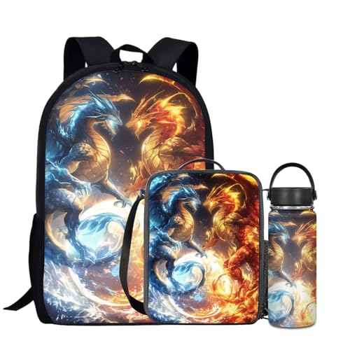 Cool Dragon Boys Backpack 3 Piece Set for 4-8T Kids School Bag,Flame Bookbag for 1St 2Nd Children Daypack 17 Inch Daypack with Water Bottle Lunch Bags for Travel