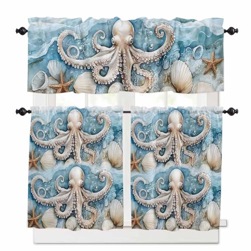 Octopus Kitchen Curtains 36 Inch Length, 3 Piece Rod Pocket Small Half Tiers and Valance Set, Coastal Ocean Starfish Shell Blue Watercolor Small Large Window Treatment Decor for Bedroom/Bathroom Sink