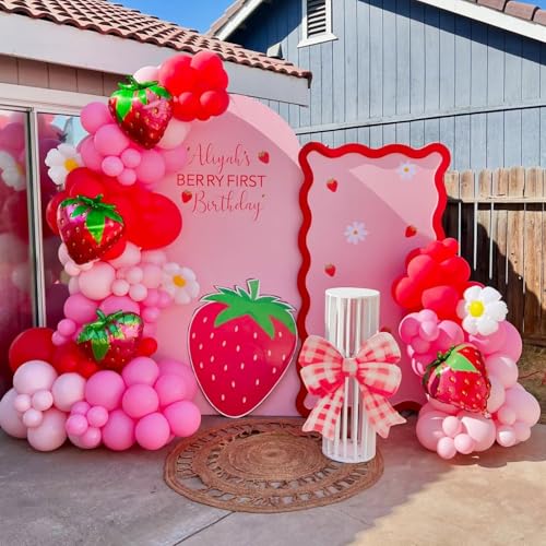 Image of 142 Pcs Strawberry Balloon Garland Arch kit,Red,Pink,Light Pink,Strawberry Foil Balloon for Berry First birthday Decorations,Baby shower,Strawberry Party Decorations