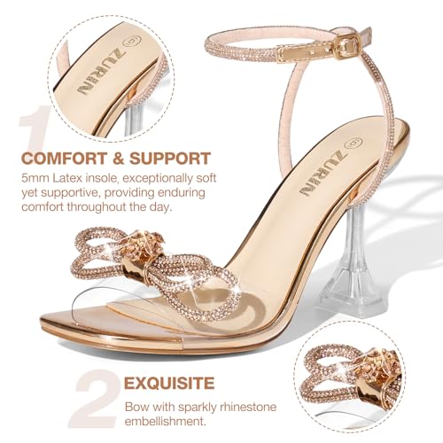 ZURIN Women's Rhinestone Bow Heels Square Toe Clear Heeled Sandals Slingback High Heels Dress Party Evening Prom Crystal Shoes3