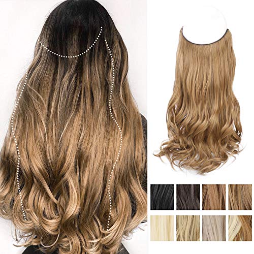 Stamped Glorious Wavy Halo Hair Extension Synthetic Flip in Curly Wavy Hair Pieces for Women Invisible Wire Heat Friendly Fiber No Clip (16 Inch, Auburn)