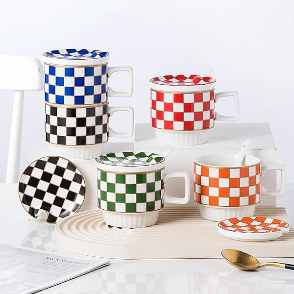 ASLASL Ceramic Checkered Coffee Mug Set, Black & White Grid Tea Cup with Saucer and Spoon, Stylish Kitchen Drinkware for Coffee, Tea (Green) by ASLASL - Used condition - Image 9