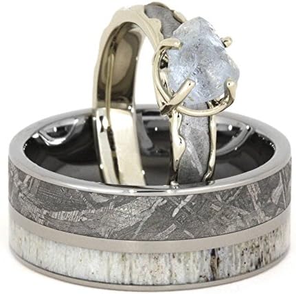 Rough Diamond, Gibeon Meteorite 10k White Gold Ring and Deer Antler, Gibeon Meteorite Titanium Band, Couples Rings, M 13.5-F9