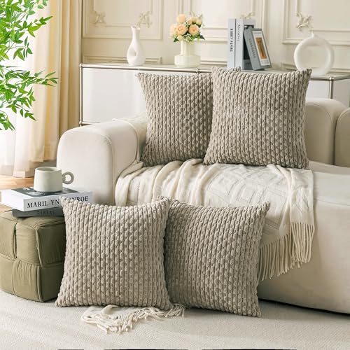 Set of 4 Taupe Decorative Throw Pillow Covers 24x24 Inch Corduroy Pillow Covers for Bed Couch Sofa Living Room Soft Square Cushion Cases