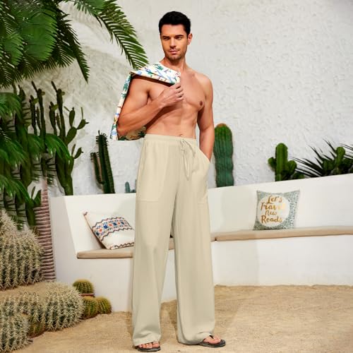 Turand CASUAL Linen Pants Elastic Waist Drawstring Summer Long Fit Linen Beach Pants Lightweight Trousers thumb #3