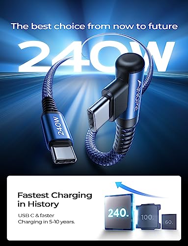 Image of AINOPE 240W USB C to USB C Cable Fast Charging 3.3FT,Right Angle Fast Type C Charging Cable Fits iPhone 16 Pro Max Plus,iPhone 15,MacBook Air /Pro,iPad Pro,Samsung,Pixel,All Devices, Blue, 1 Pack