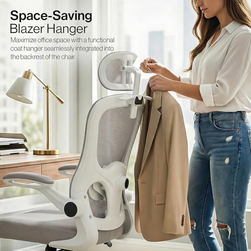 Image of DROGO Aerofly Premium Ergonomic Office Chair for Work from Home, 2D Headrest, High Back Computer Chair with Mesh, Flip-up Armrest, Recline,Adjustable Lumbar Support, Mesh Chair for Office(White /Grey)